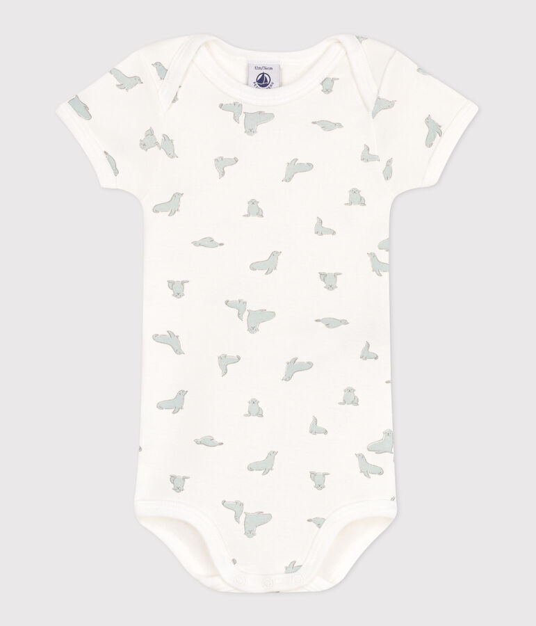 Babies' short-sleeved printed cotton body white/green