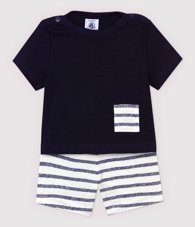 Baby Boys' Cotton and Linen Blend Shorts and T-Shirt blue/white