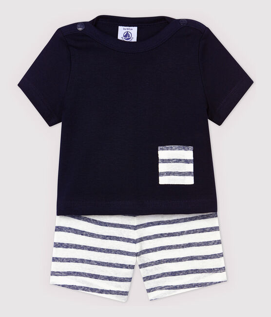 Baby Boys' Cotton and Linen Blend Shorts and T-Shirt SMOKING blue/MARSHMALLOW white