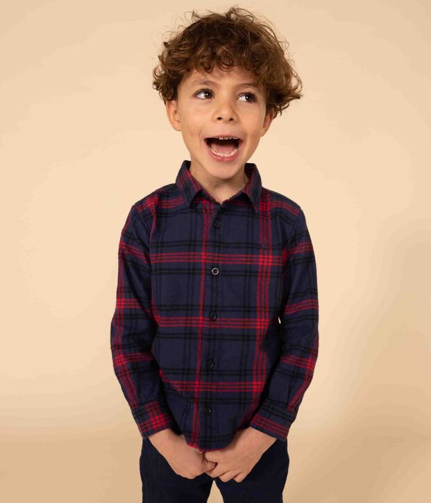 Boys' checked cotton flannel shirt blue/multicolor