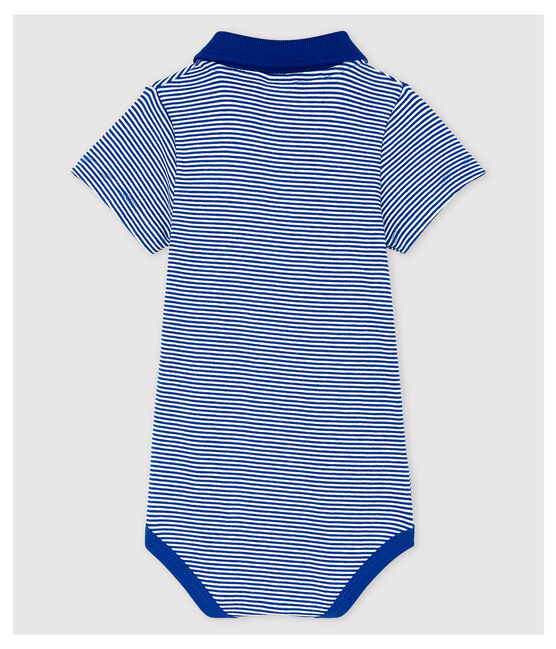 Baby Boys' Short-Sleeved Cotton Bodysuit with Polo Shirt Collar SURF blue/MARSHMALLOW white