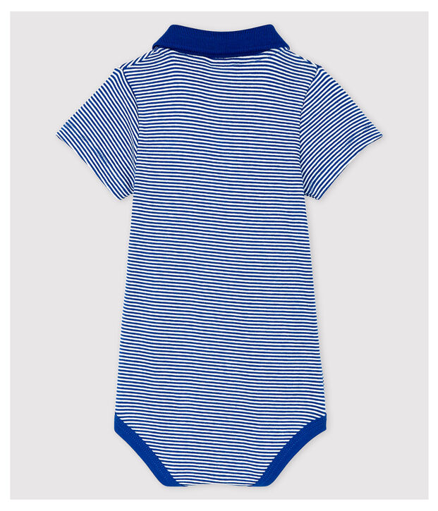 Baby Boys' Short-Sleeved Cotton Bodysuit with Polo Shirt Collar blue/white