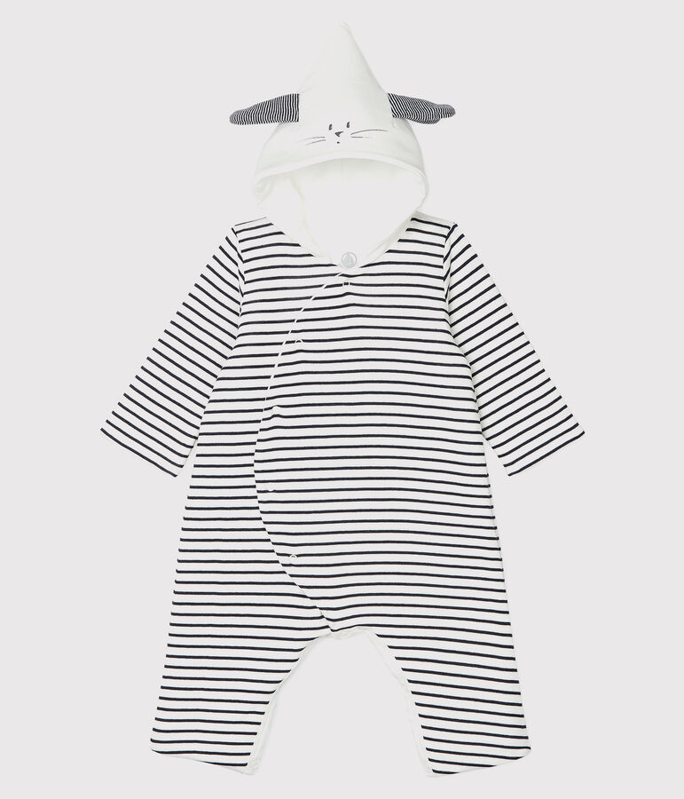 Babies' Long Organic Cotton Stripy Hooded Jumpsuit white/blue