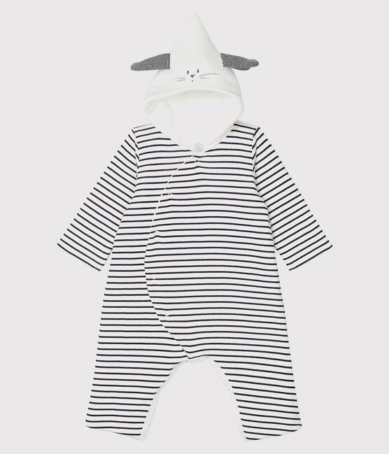 Babies' Long Organic Cotton Stripy Hooded Jumpsuit MARSHMALLOW white/SMOKING blue