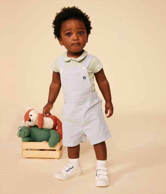Babies' Short Canvas Dungarees MEDIEVAL blue/MARSHMALLOW white