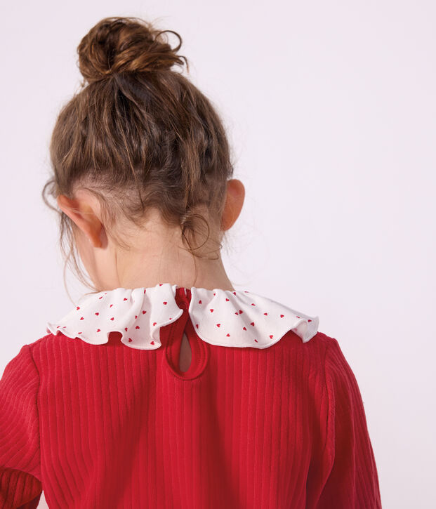 Children's plain ribbed velour pyjamas with a ruff red