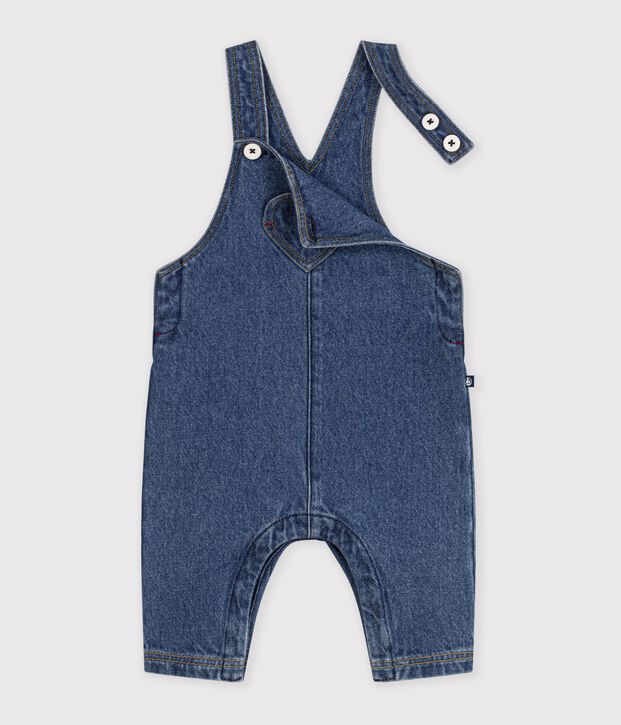 Babies' long-leg denim dungarees with a heart-shaped pocket blue