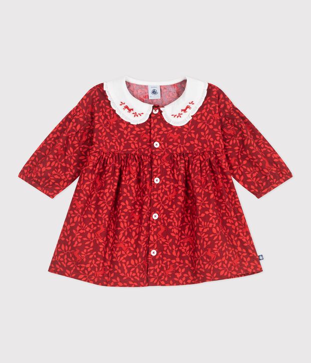 Babies' long-sleeved printed cotton dress with an embroidered collar red/red