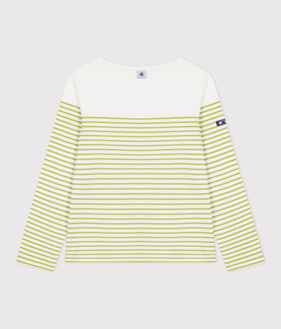 Women's stripy cotton Breton top MARSHMALLOW green/MOSS