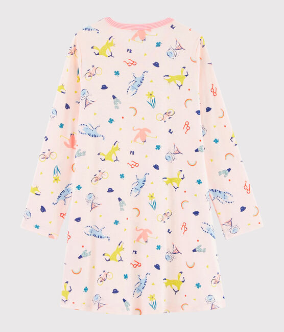 Girl's whimsical print ribbed nightdress FLEUR pink/MULTICO white