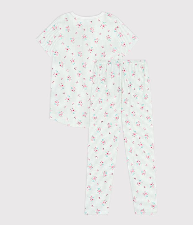 Children's short-sleeved long-leg flower-patterned cotton pyjamas white/multicolor