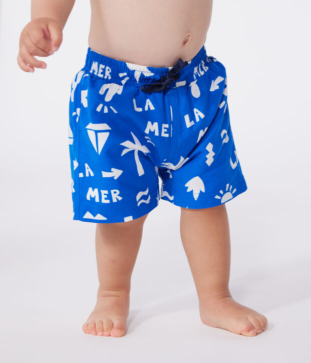 Babies' beach print swim shorts blue/white
