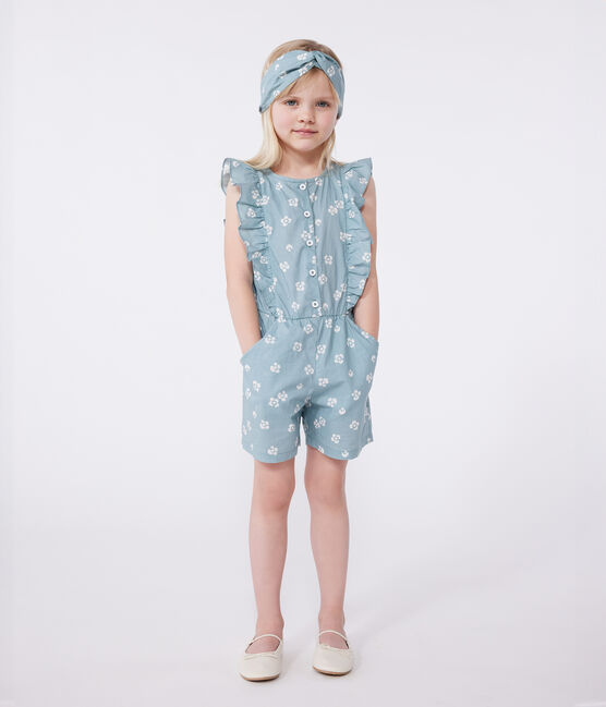 Children's sleeveless floral cotton jumpsuit PAUL blue/MARSHMALLOW white