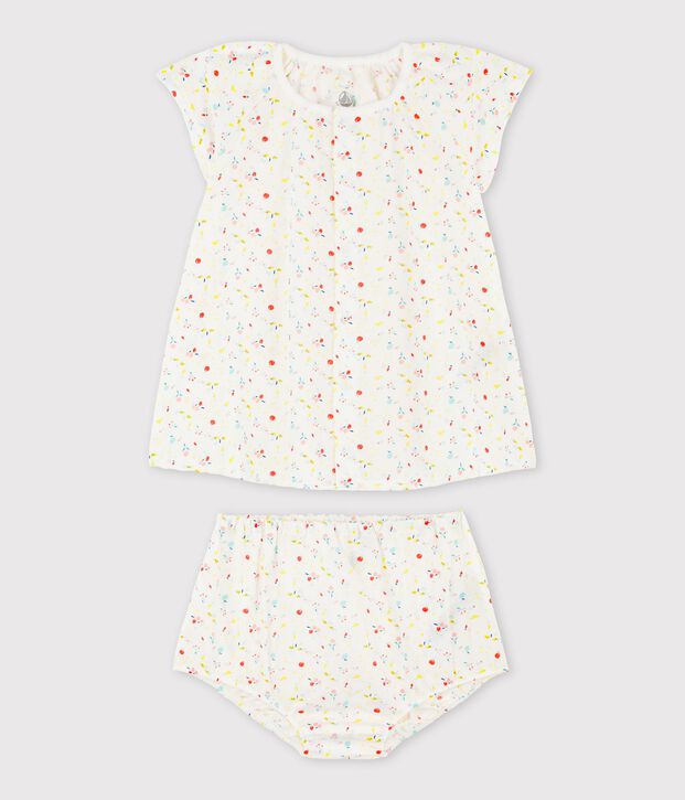 Baby Girls' Short-Sleeved Fruit Pattern Organic Cotton Woven Tube Knit Dress  with Bloomers white/multicolor