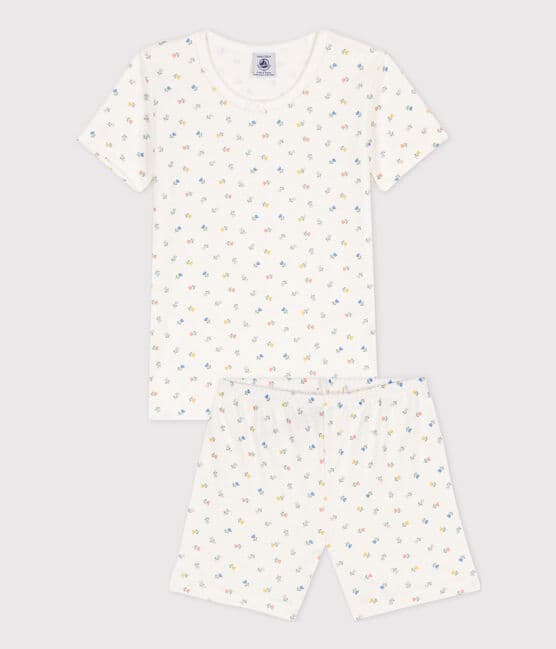 Girls' Snugfit Short Cotton Pyjamas MARSHMALLOW white/MULTICO white