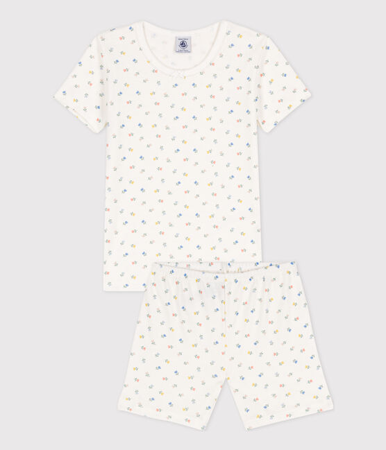 Girls' Snugfit Short Cotton Pyjamas MARSHMALLOW white/MULTICO white