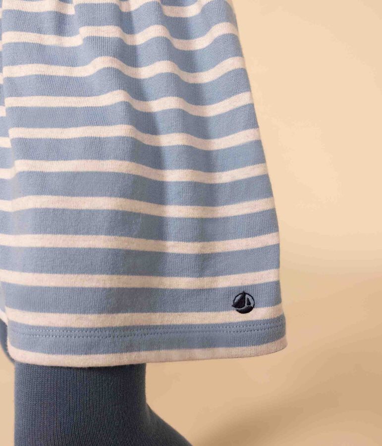 Girls' long-sleeved dress in stripy thick cotton blue/beige