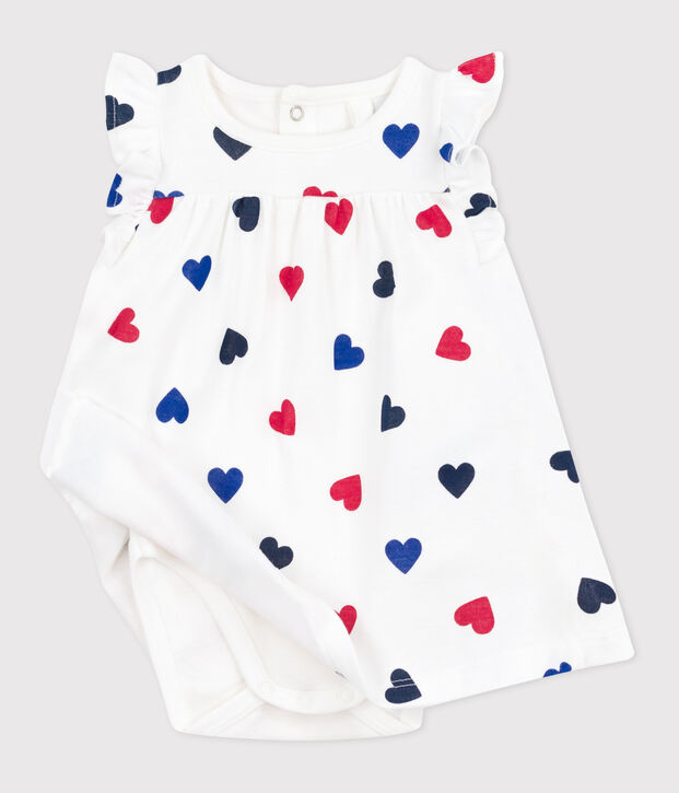 Babies' short-sleeved cotton dress with an integrated triple heart pattern body white/multicolor
