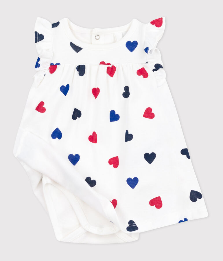 Babies' short-sleeved cotton dress with an integrated triple heart pattern body MARSHMALLOW white/MULTICO white