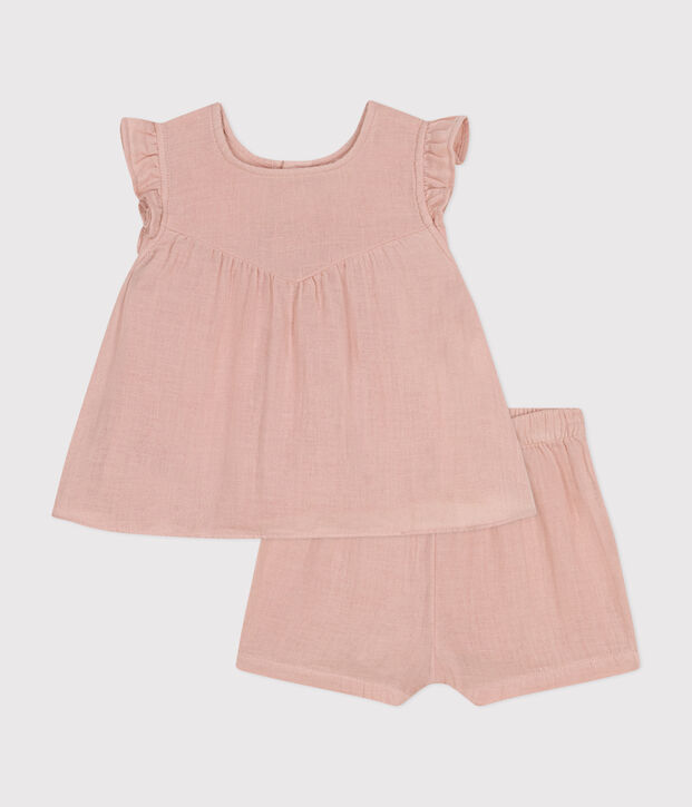 Babies' Cotton Gauze Blouse and Shorts Set pink