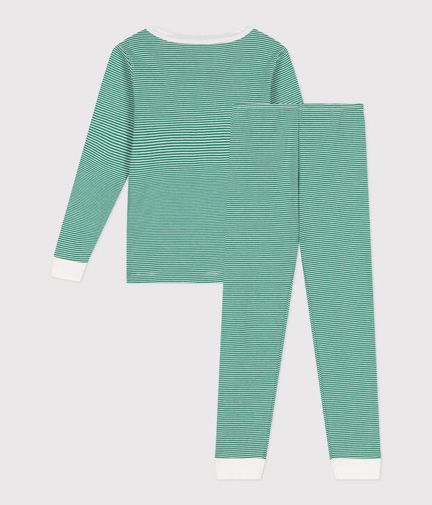 Children's snug-fitting stripy cotton pyjamas green/white