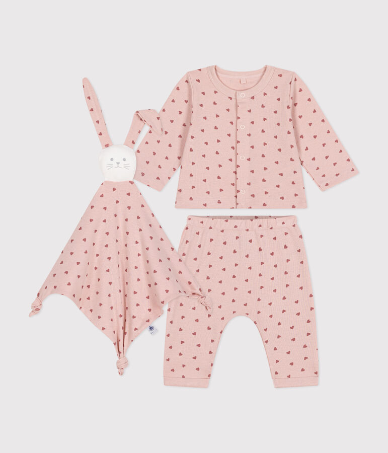 Babies' cotton cardigan, trousers and comforter boxed set pink/pink