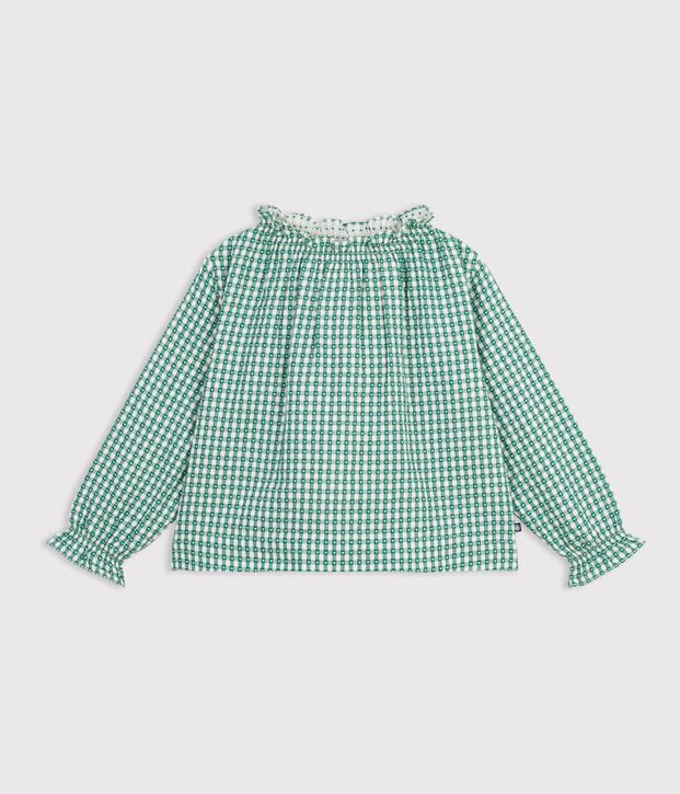 Children's long-sleeved printed cotton blouse green/white