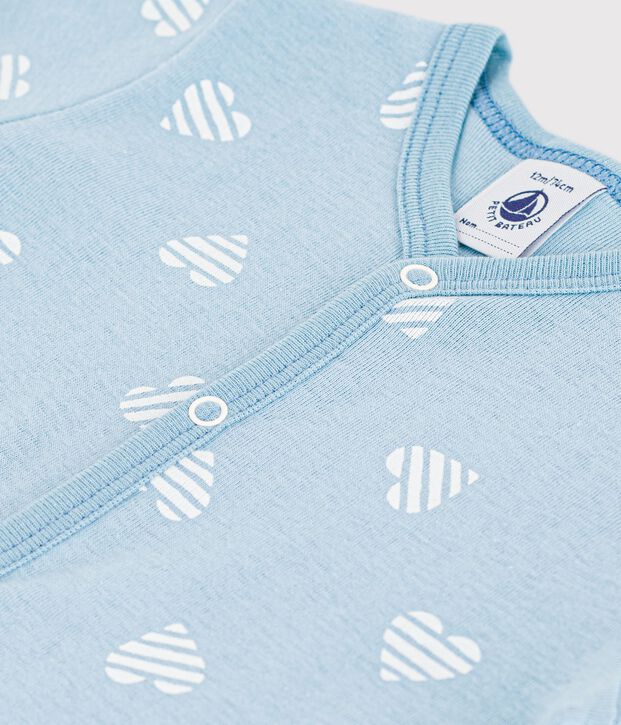 Babies' short heart print cotton jumpsuit blue/white