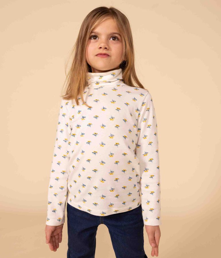Girls' floral print cotton polo neck white/multicolor