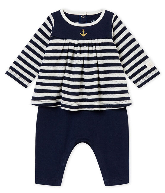 Baby girl's long all-in-one SMOKING blue/MARSHMALLOW white
