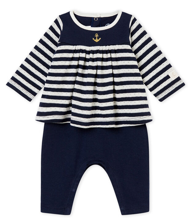 Baby girl's long all-in-one blue/white