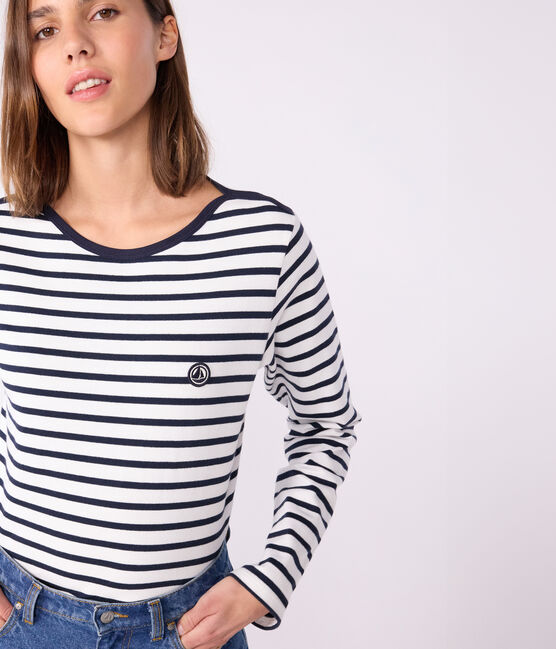 Women's long-sleeved cotton Breton top MARSHMALLOW white/SMOKING blue