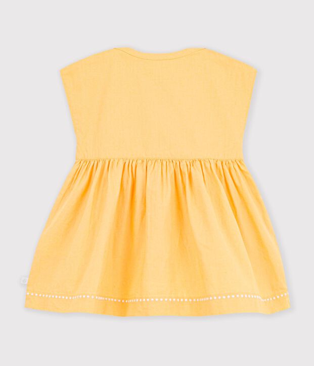 Babies' short-sleeved plain cotton/linen dress yellow