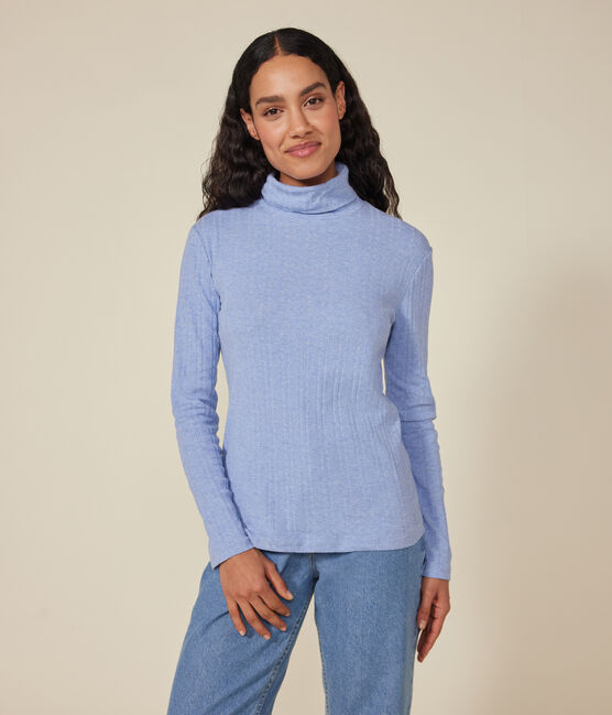 Women's iconic roll neck T-shirt in decorative rib knit SKY CHINE blue