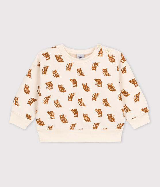 Babies' Owl Patterned Cotton Sweatshirt AVALANCHE white/ECUREUIL