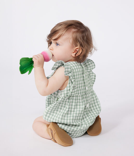 Babies' sleeveless cotton rompers with a gingham print and an embroidered collar PAUL blue/MARSHMALLOW white