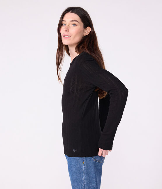 Women's Iconic long-sleeved openwork cotton T-shirt BLACK black