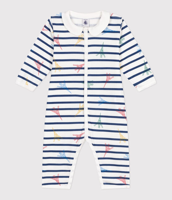 Babies' footless cotton pyjamas with a Paris-themed collar ECUME white/MULTICO white