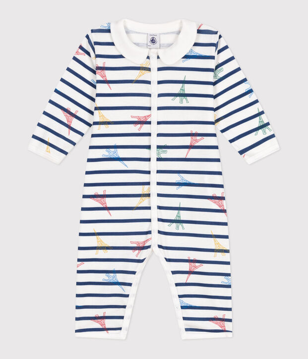 Babies' footless cotton pyjamas with a Paris-themed collar white/multicolor