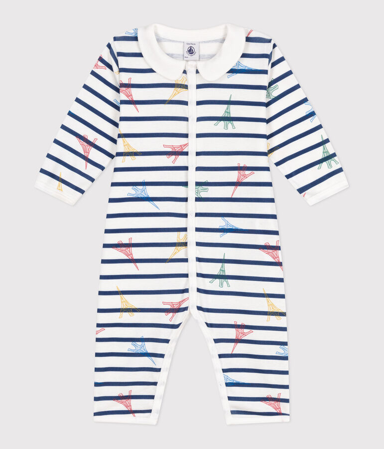 Babies' footless cotton pyjamas with a Paris-themed collar white/multicolor