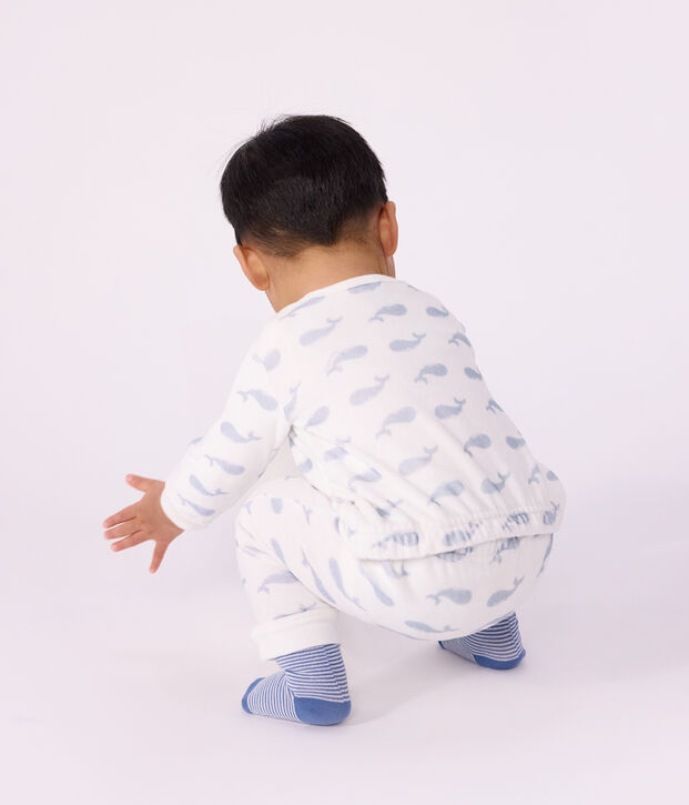 Babies' whale-print velour popper-free pyjamas white/blue