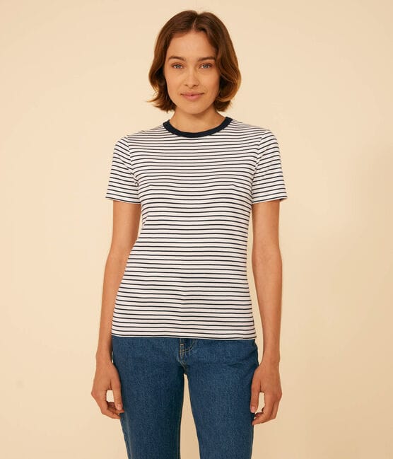 Women's Iconic Striped Cotton T-Shirt MARSHMALLOW white/SMOKING blue