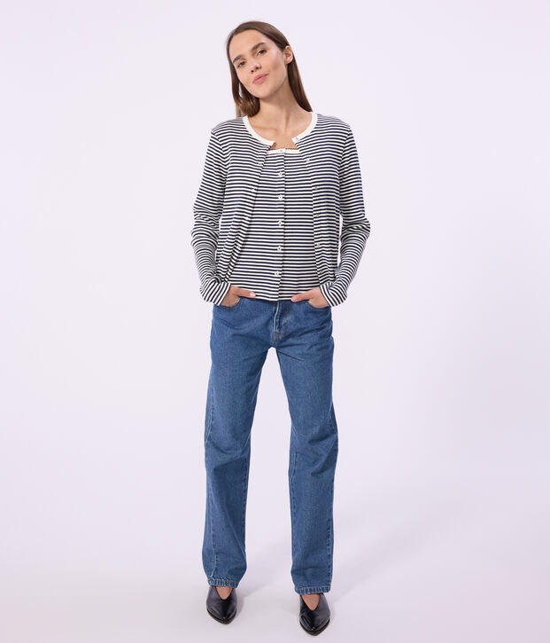 Women's stripy cotton cardigan blue/white