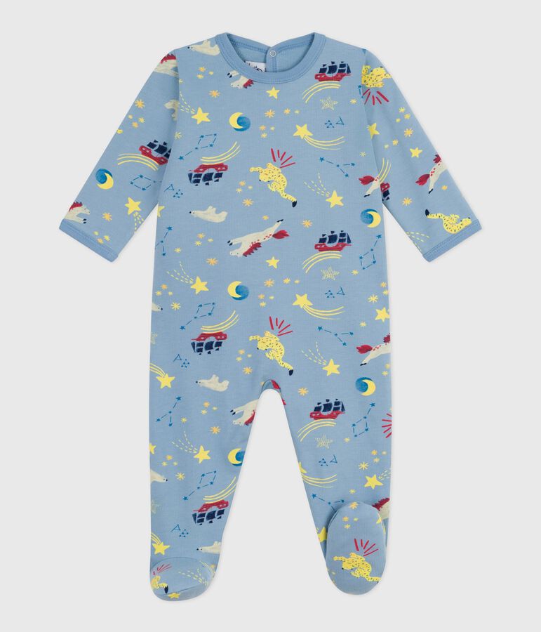 Babies' brushed fleece printed pyjama suit with a back opening blue/white