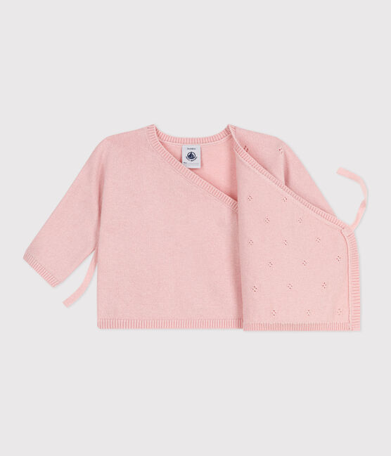 Babies' wool and cotton openwork knit wrapover top JOLI pink