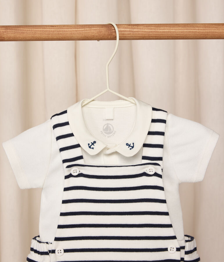 Babies' two-piece set in stripy cotton with embroidered details white/blue