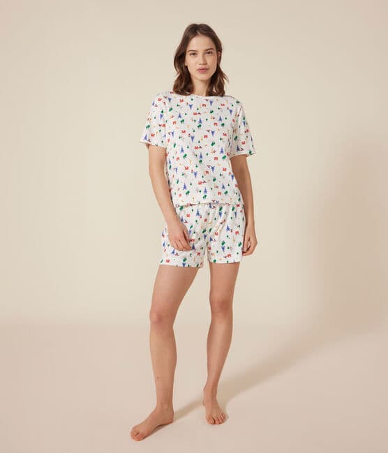 Women's Paris-pattern Cotton Pyjama Shorts and T-shirt MARSHMALLOW white/MEDIEVAL blue/MULTICO