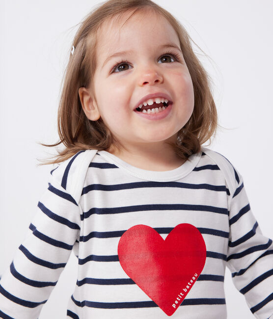 Babies' heart pattern popper-free cotton pyjamas MARSHMALLOW white/SMOKING blue