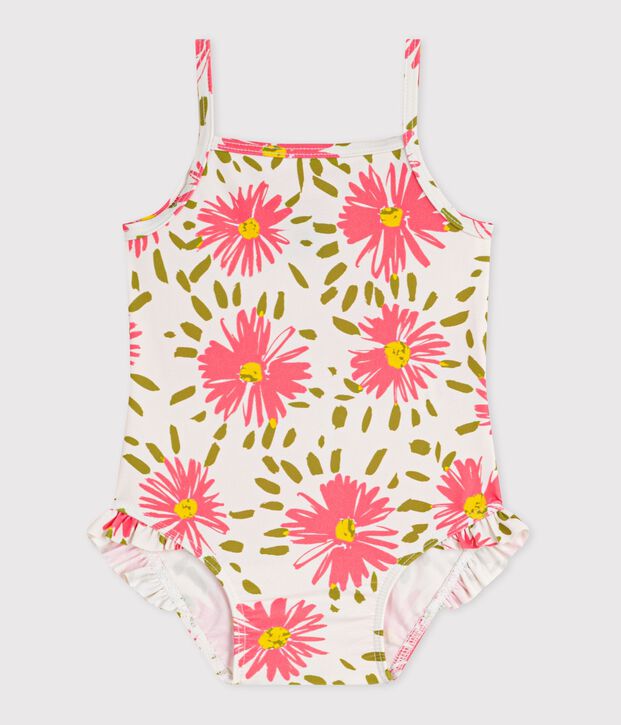 Babies' one-piece swimsuit with ruffles and a flower print. white/multicolor