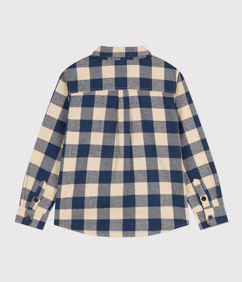 Boys' checked cotton flannel shirt blue/ecru